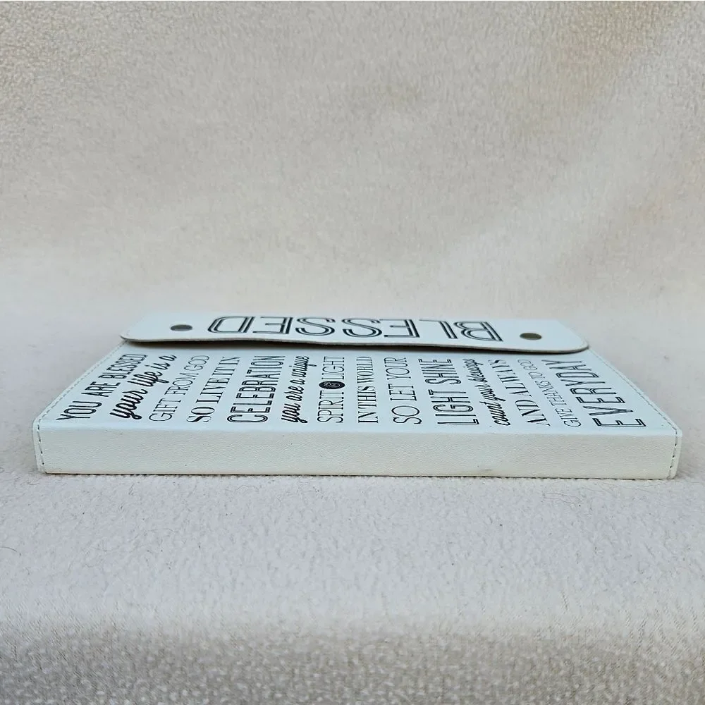 Blessed White and Black Snap Front Faux Leather Notebook